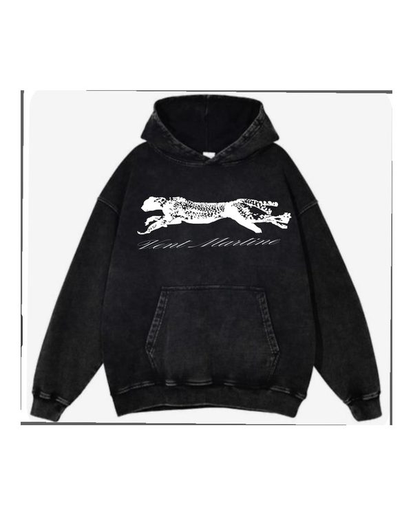 Vent Martine Original Hoodie in Acid Washed Noir, front view with white cheetah graphic