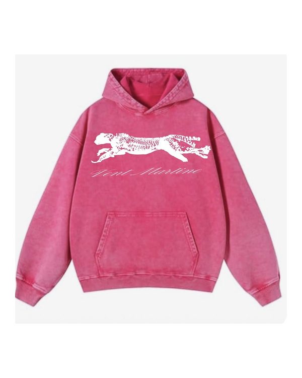 Vent Martine Original Hoodie in Acid Washed Rose, front view with white cheetah graphic